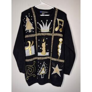 1980s IB Diffusion Black Gold Silver Christmas Patchwork Sparkle Sweater S